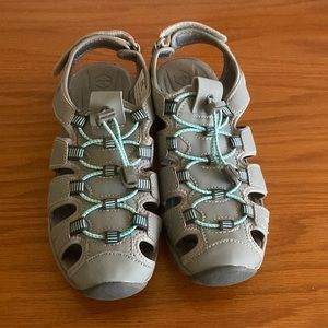 Khombu ladies sandals; grey turquoise non tie laces- preowned